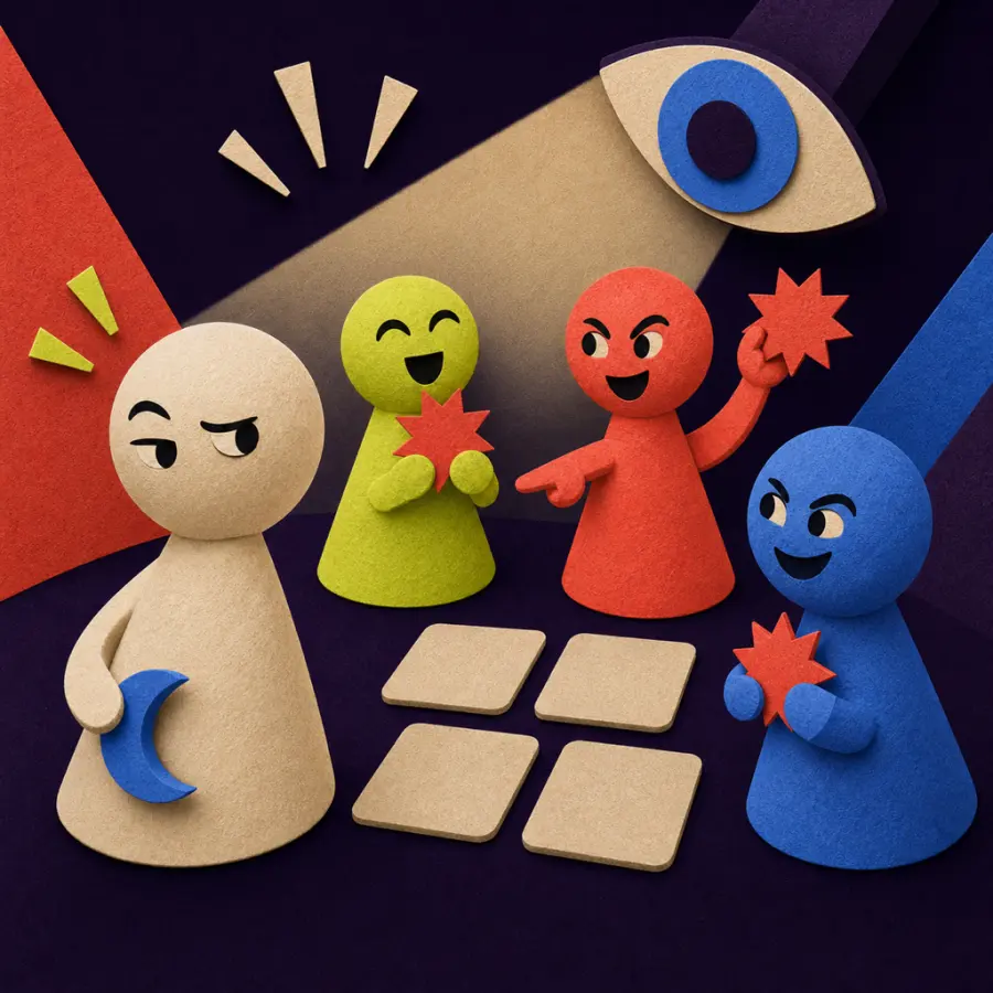 Bluff Club Imposter mode artwork showing friends trying to identify the Faker
