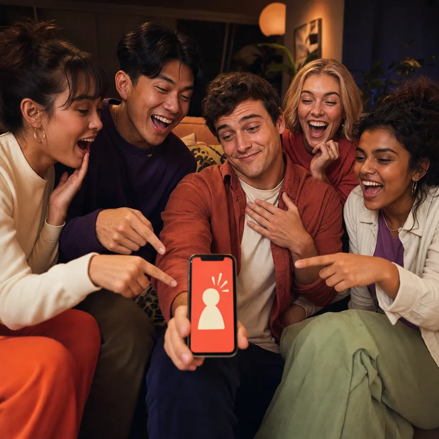 Friends pointing and laughing during the shared Bluff Club reveal